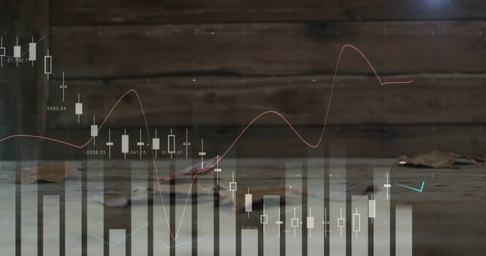 Showing overlaid candlesticks and volume bars falling then rallying on rustic tabletop with leaves