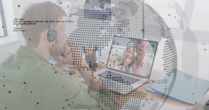 Mid adult man headset getting family tech call engaging laptop with globe or code overlay connecting