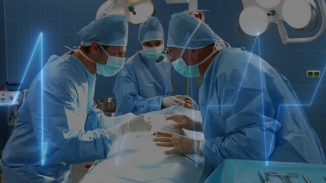 Surgical team operating at drape opening, passing instruments while ECG overlay sweeping over field