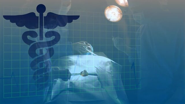 ECG caduceus overlay fading, blending over OR, revealing surgeon manipulating ports, operating