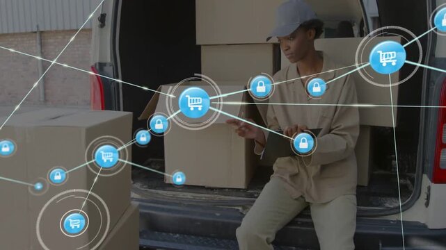 Courier sitting on van rear tapping device, spawning cart-lock nodes forming secure trade overlay
