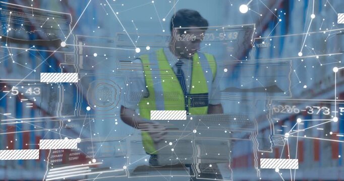 Warehouse worker grabbing tape and taping box for shipping, digital overlay over him tracking stock