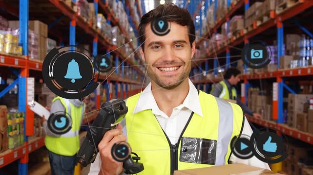 Warehouse worker scanning with scanner in aisle, updating stock while HUD icons linking to scanner