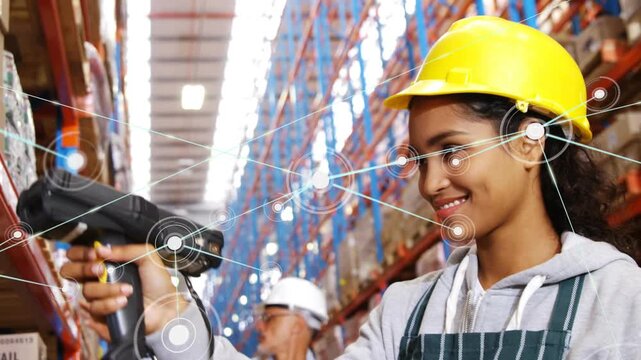 Woman warehouse worker pressing scanner and scanning boxes, building animated inventory network