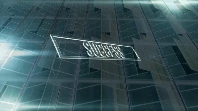 Glass SUCCESS panel rotating as camera pulling back, transforming metal lettering for architecture