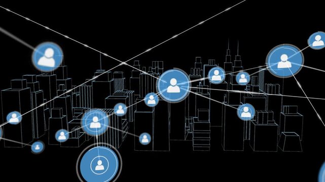 Central user node spawning linked blue nodes across wireframe city, showing tech network activity