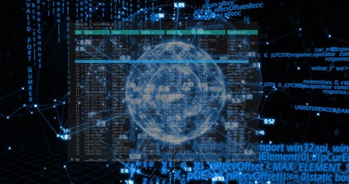 Holographic globe appearing in dark network space, console fading in with code streams activating