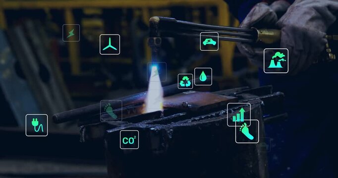 Metalworker igniting torch, heating plate for metalwork while energy icons clustering near flame