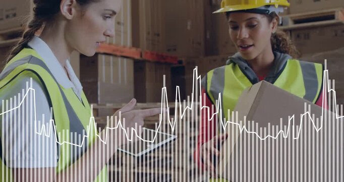 Right worker carrying box, left worker tapping tablet, confirming warehouse stock with waveform