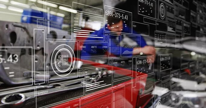 Tech leaning over engine tuning parts in auto HUD appearing over toolbox guiding repair via gauges