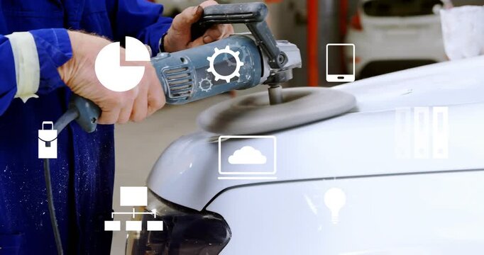 Tech powering polisher and buffing white hood for shine in auto shop with white icons overlaying