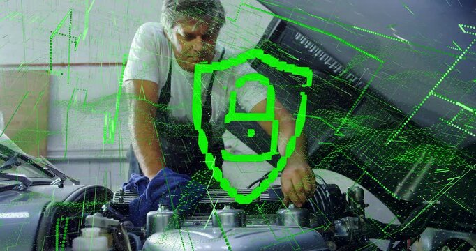 Mechanic leaning over hood diagnosing engine causing green shield growing then shrinking near hand