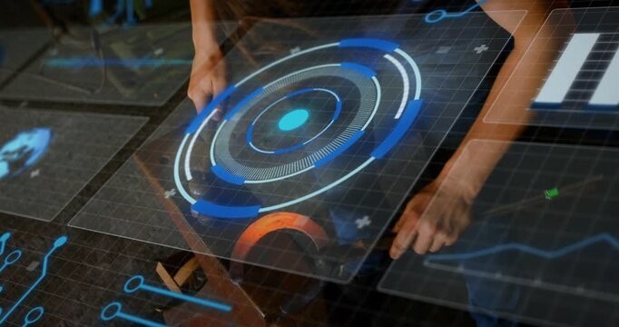 Circular HUD appearing, tech placing hands, sliding panel, aligning overlay, calibrating clamp