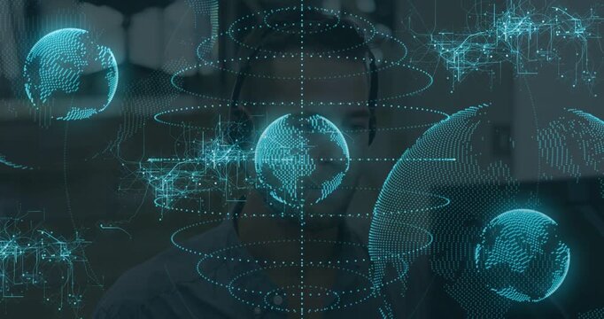 Adult male sitting facing camera frames moving tech holo globes evolving masking face showing links