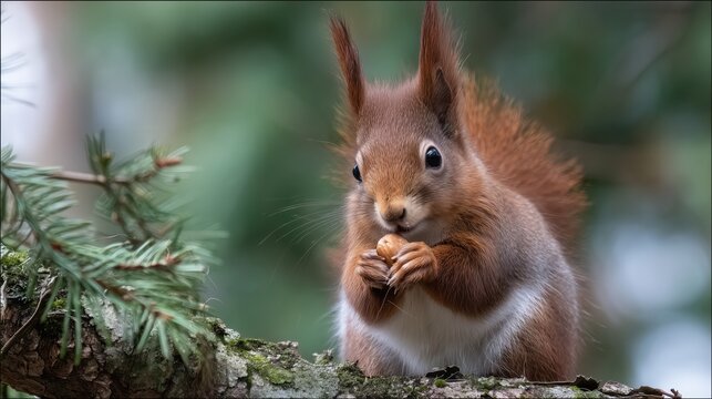 A charming European red squirrel delicately eats a small nut on a moss-covered tree branch.