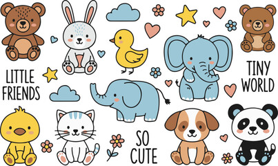 Obraz premium Baby Kids Animals Friends Nursery, Illustration Doodle Cartoon Collection