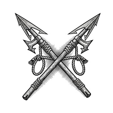Crossed Harpoons with Nooses Engraved Illustration.