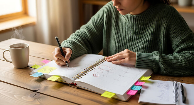 Hand marking meaningful date for personal event planning reminder schedule management using pen on calendar page.