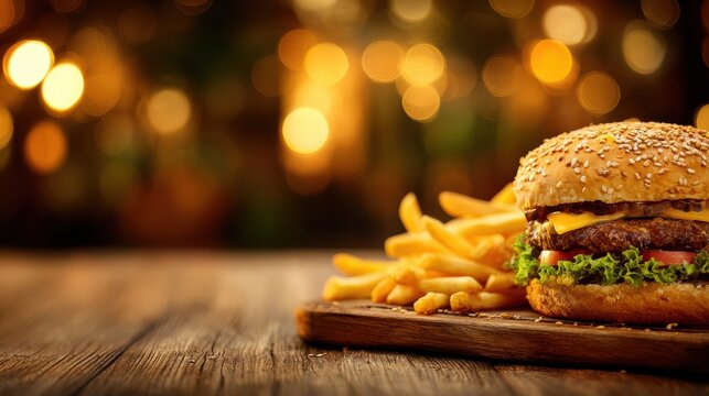 Burger with cheese and fresh ingredients sits next to crispy fries on a wooden table. Warm lighting creates an inviting atmosphere for diners.