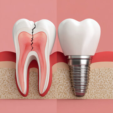 Cracked molar with exposed pulp on left and dental implant crown restoration on right illustrating tooth fracture treatment and replacement option in oral surgery and dentistry