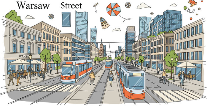 Warsaw city street scene with modern trams historic buildings skyscrapers sidewalk cafes and pedestrians in hand drawn vector illustration