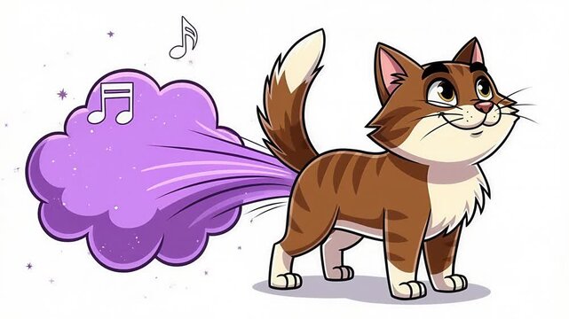 Cartoon Cat Farting with Musical Notes Humorous Pet Flatulence Illustration.