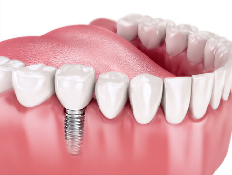 Dental implant in lower jaw with adjacent natural teeth and pink gum tissue showing metal screw and porcelain crown in clinical dental restoration close up