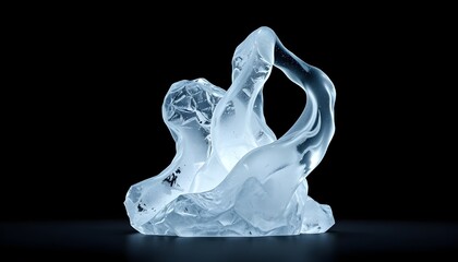 Fototapeta premium Abstract ice sculpture art with smooth organic shapes, crystal clear ice texture, minimalist dark background, dramatic soft lighting, ultra realistic photography
