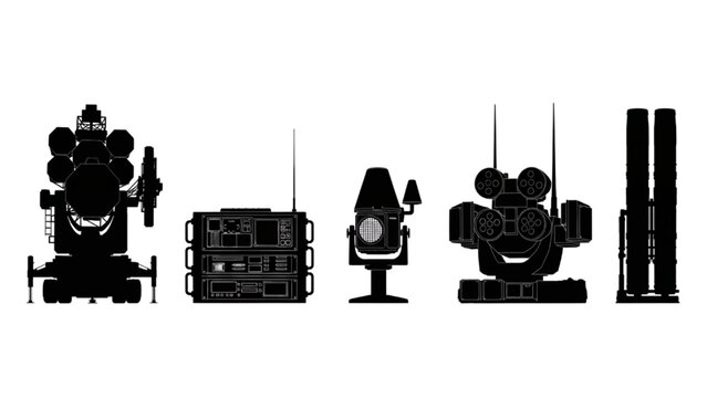Illustrative silhouettes of modern military defense, radar, and electronic warfare equipment set