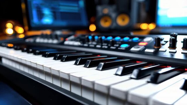 Close up of a keyboard in a music studio with computer screens and speakers in the background during late evening hours
