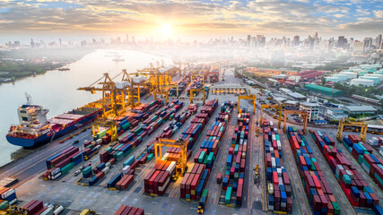 Aerial view and top view Logistics and transportation of Container Cargo ship and Cargo plane with...