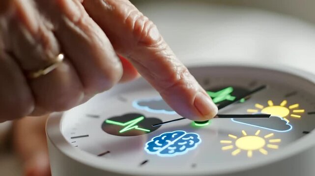 A close up view of a hand engaging a modern smart clock with health and wellness icons, representing proactive self care and support for youth mental health, resonating with International Youth Day.