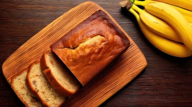 A loaf of baked bread sliced, displayed on a wooden board next to a bunch of yellow bananas