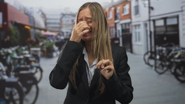 Young woman in a black blazer rubbing her eyes and wiping tears on a busy city street with bicycles and shopfronts; sadness vulnerability stress.