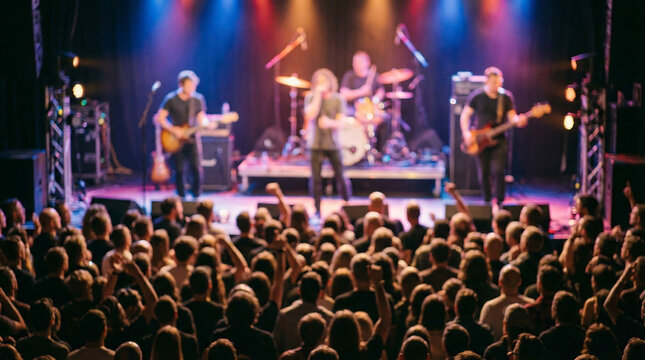 Live rock concert with intentionally blurred crowd and band performing on stage