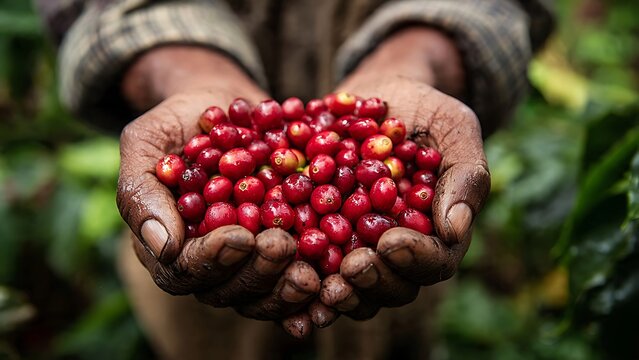 Close-up of a farmer's weathered hands holding a harvest of ripe red coffee cherries. Authentic agricultural portrait of specialty coffee production, fair trade, and sustainable farming.