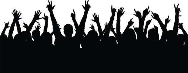Black crowd silhouette with raised hands at concert festival or party isolated on white background, cheering people audience flat vector illustration for event promotion