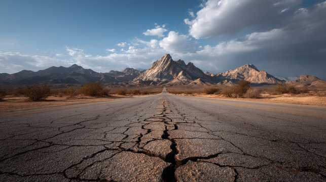 Cracked asphalt road leading toward rugged desert mountain under dramatic sky, lonely highway stretching into distance with dry shrub and rocky terrain