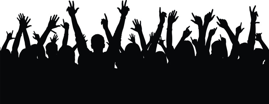 Black crowd silhouette with raised hands at concert festival or party isolated on white background, cheering people audience flat vector illustration for event promotion