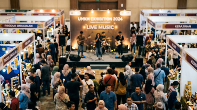 Lively exhibition hall activity with attendees enjoying a live band performance, a dynamic scene intentionally blurred to emphasize the vibrant foreground experience