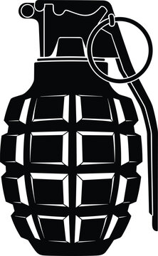 Black hand grenade silhouette isolated on white background, fragment explosive weapon icon for military defense, tactical army equipment flat vector illustration design asset