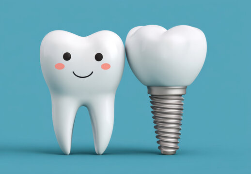 Smiling natural tooth next to dental implant on blue background conveying oral health and restorative dentistry in friendly medical concept with cheerful expression