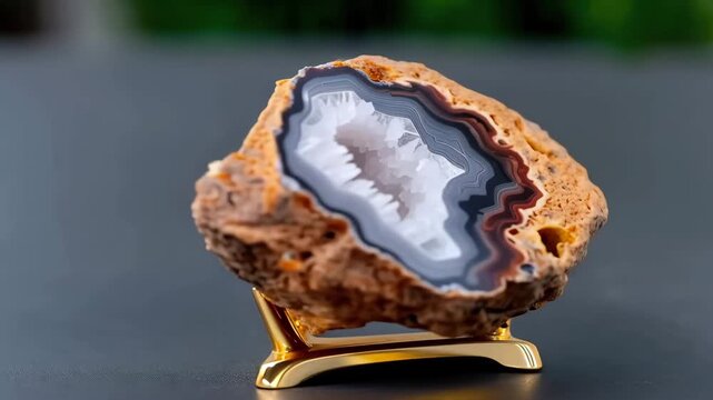 Close up view of a polished agate stone on display with a gold stand in natural light