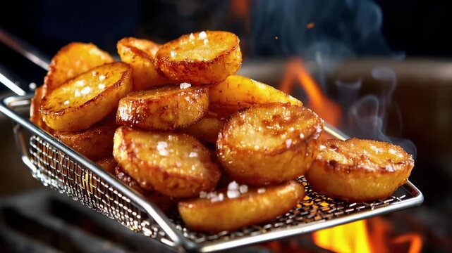 Crispy potato slices cooked on a grill with flames and salt in a basket and served on a cooking grate