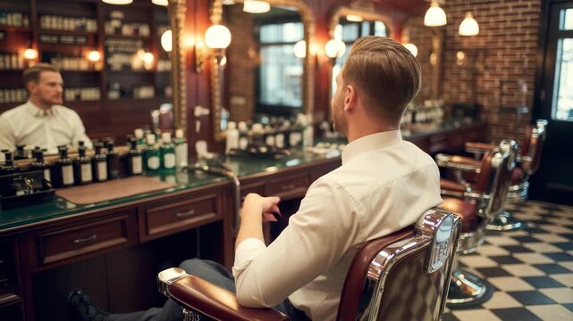 Handsome man getting haircut in modern barber shop with vintage chair