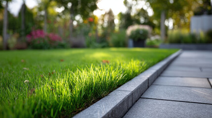 Naklejka premium Well groomed green lawn edged by clean stone pathway in sunlit residential garden with blurred flower beds and trees creating peaceful outdoor setting