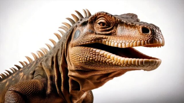 Detailed close-up of a reptile with brown scales, spikes, and an orange eye