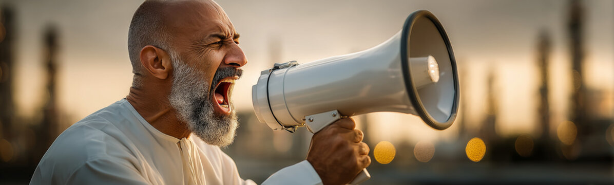Loudspeaker Protest: An impassioned individual, fueled by conviction, utilizes a megaphone to amplify their message against a backdrop of potential societal disruption.
