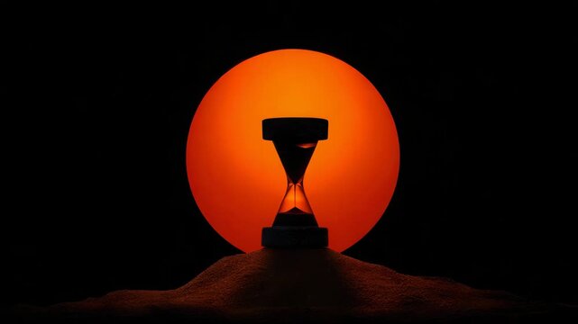 Silhouette of hourglass on sand with vibrant orange sunset background
