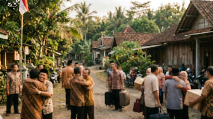 Obraz premium Group of people arriving at a gathering, intentionally blurred background